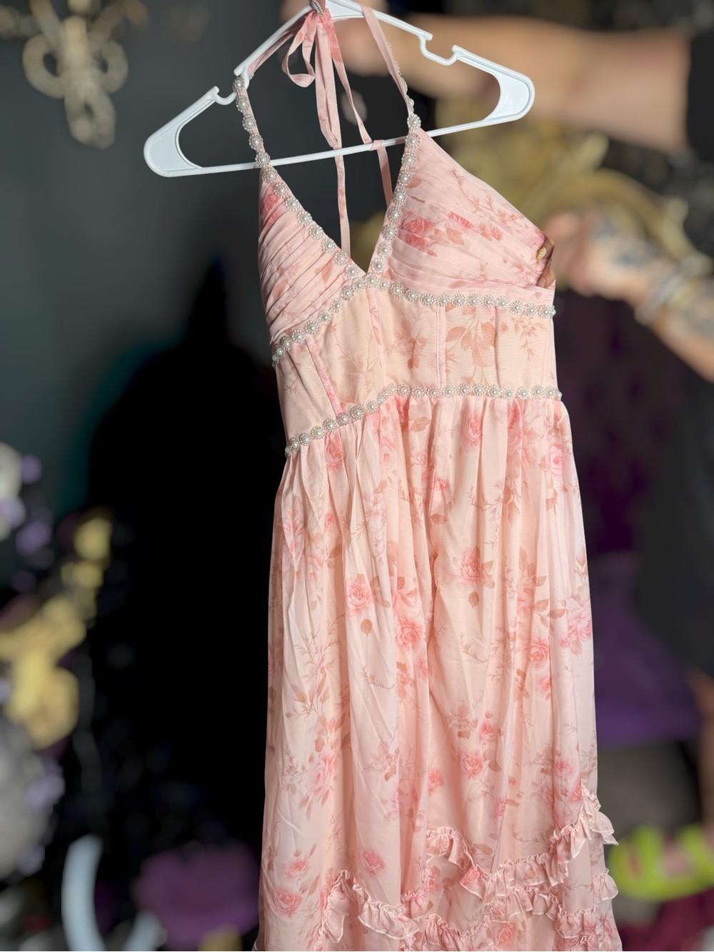 Elegant Pink Floral Halter Dress